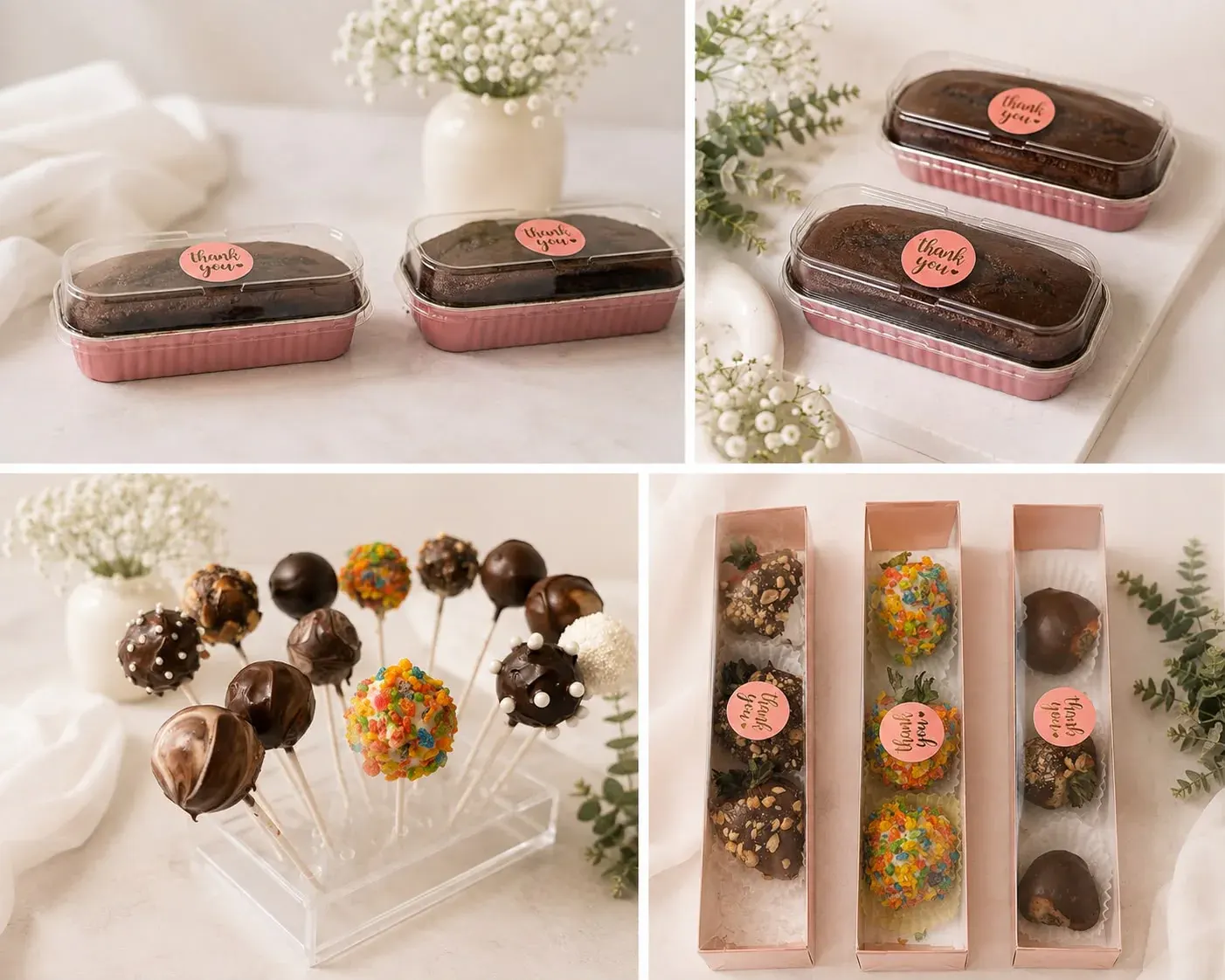 Packaged mini cakes and decorated cake pops presented in blush pink favor boxes