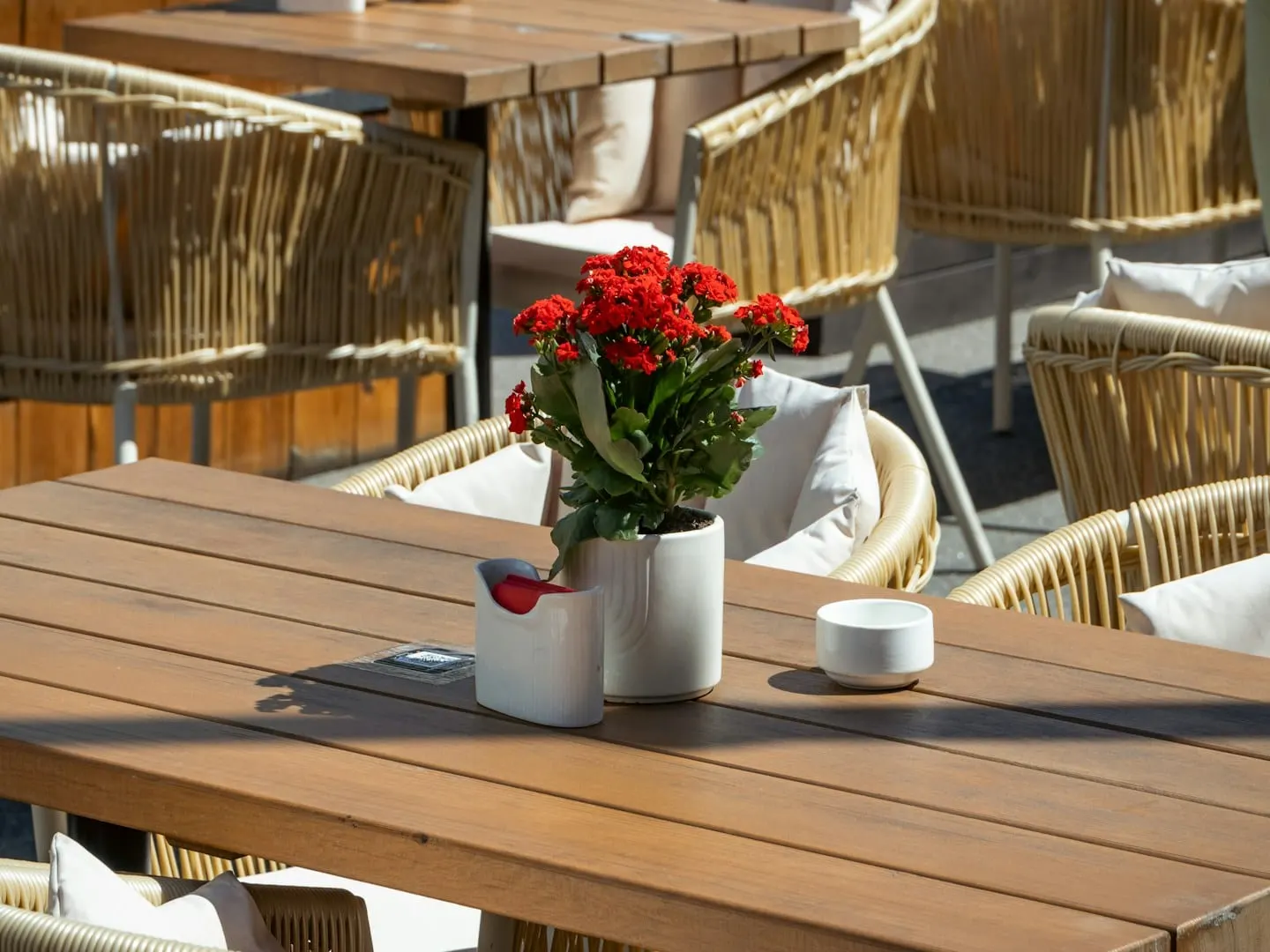 Sunlit outdoor tables arranged for a gathering